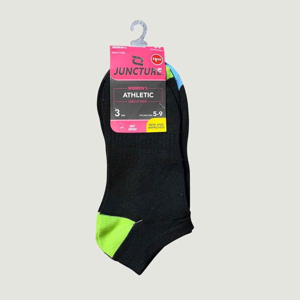 Juncture Socks Womens 5-9 Black Athletic Low Cut 3 Pair Arch Support Neon Accent